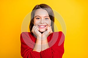 Close up photo of calm peaceful kid feel harmony appreciate herself enjoy winter autumn holidays wear style jumper