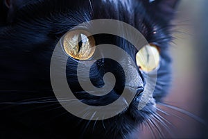 A close-up photo captures the intense gaze of a black cat with striking yellow eyes. The cat's fur is sleek and