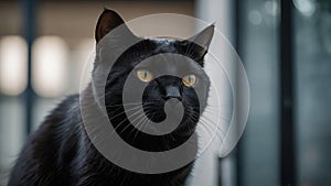 A close-up photo captures the intense gaze of a black cat with striking yellow eyes. The cat's fur is sleek and