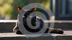 A close-up photo captures the intense gaze of a black cat with striking yellow eyes. The cat's fur is sleek and
