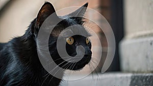 A close-up photo captures the intense gaze of a black cat with striking yellow eyes. The cat's fur is sleek and