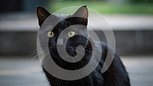 A close-up photo captures the intense gaze of a black cat with striking yellow eyes. The cat's fur is sleek and