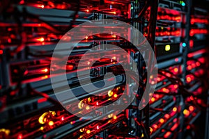 This close-up photo captures a rack of servers prominently displaying red and black components, A dramatic view of the inside of a