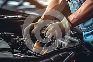 Close-up photo of a car mechanic working on a car engine in a mechanics repair service garage. A uniformed mechanic is