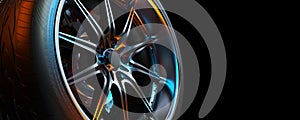 Close-up photo of a car wheel in the black background studio