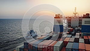 Close-up photo of a cargo ship Shipping containers in the blue sea