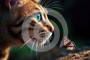 Close-up photo of cat with butterfly on nose. Generative AI