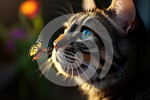 Close-up photo of cat with butterfly on nose. Generative AI