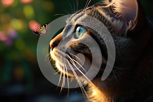 Close-up photo of cat with butterfly on nose. Generative AI