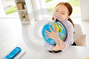 Close up photo of charming cute lovely child close eyes love schooling task science dressed white shirt blouse