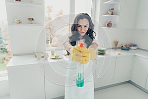 Close up photo cheerful beautiful busy duties she her lady indoors pulverize cleaning supplies pretend weapon play game