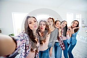 Close up photo cheerful beautiful she her ladies big family roommates having fun best buddies make take selfies funny