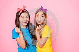 Close up photo of cheerful fellows have t-shirt free time laugh isolated over pink background