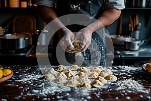 Close-up photo of Chef hands in flour making dumplings or ravioli. Cooking dumplings on a floured kitchen wooden table. Generative