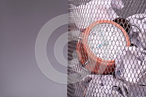 Close-up photo of a clock in refuse bin with other
