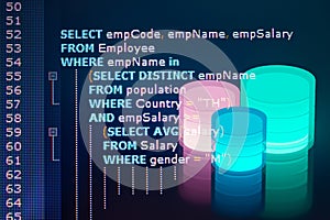 Close-up photo from a computer screen SQL (Structured Query Language) code and with Database.