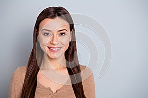 Close up photo cool beautiful amazing funny she her lady ideal appearance self-confident silent white toothy beaming