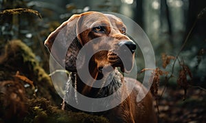 close up photo of coonhound on blurry forest background. Generative AI