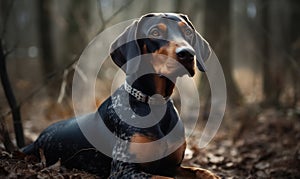 close up photo of coonhound on blurry forest background. Generative AI