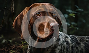 close up photo of coonhound on blurry forest background. Generative AI