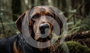 close up photo of coonhound on blurry forest background. Generative AI