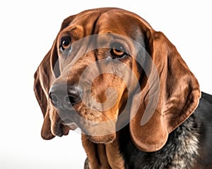 close up photo of coonhound isolated on white background. Generative AI