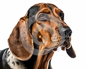 close up photo of coonhound isolated on white background. Generative AI