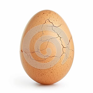 A close-up photo of a cracked brown egg on a white background. The egg has jagged cracks along its shell.