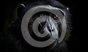 close up photo of crested black macaque on black background. Generative AI