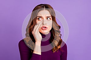 Close up photo of cute lady share news look isolated over violet purple background