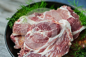Close-up photo of cuts of meat with dill greens in a steak pan. View from above