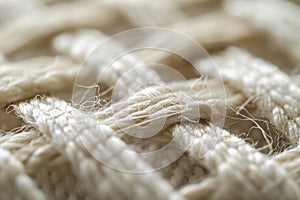 This close-up photo depicts a detailed view of a single piece of rope, showcasing its texture, twists, and knots, Extreme close-up