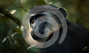 close up photo of diana monkey on blurry bokeh forest background. Generative AI