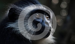 close up photo of diana monkey on blurry bokeh forest background. Generative AI