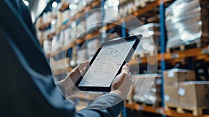 A close-up photo of a digital tablet screen showing a warehouse manager photo