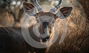 close up photo of eland genus Taurotragus on blurry savannah background. Generative AI