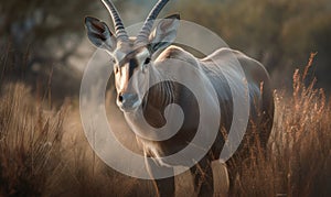 close up photo of eland genus Taurotragus on blurry savannah background. Generative AI