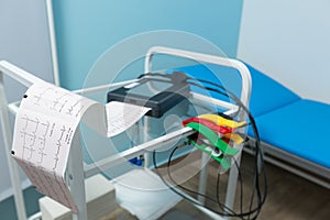 Close-up photo of an electrocardiograph printing out the results of a cardiogram during a doctor's appointment at the