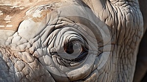 A close up photo of an endangered white rhino rhinoceros face,horn and eye. generative ai