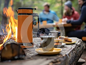 A close-up photo of a family gathered around a campfire in the morning. A percolator sits on the fire