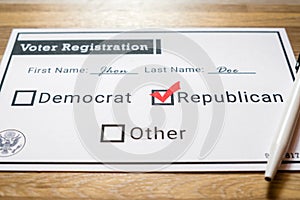 Voter registration card with Republican party selected - Close Up photo