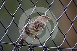 Close up photo of female house sparrow sits on wire