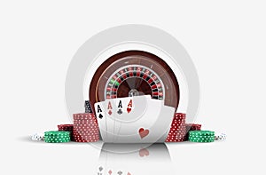 Close-up photo of four aces standing ahead of a brown roulette and chips in piles, isolated on white background