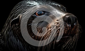 close up photo of fur seal on black background. Generative AI