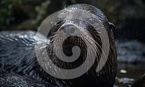 close up photo of fur seal on blurry background of its natural habitat. Generative AI