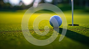 A close-up photo of a golf ball nestled close to the pin on a putting green, copy space for text.