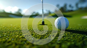 A close-up photo of a golf ball nestled close to the pin on a putting green, copy space for text.