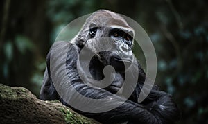 close up photo of gorilla on blurry green jungle background. Generative AI