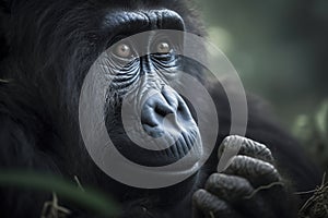 close-up photo of a gorilla s face with a wrinkled expression, set against a blurred background of green foliage, ai generative photo