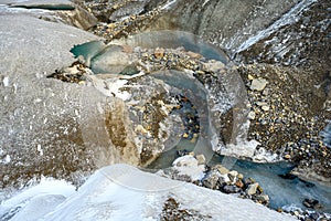 Close up photo of the graphic details, textures and ice formations of the Athabasca Glacier